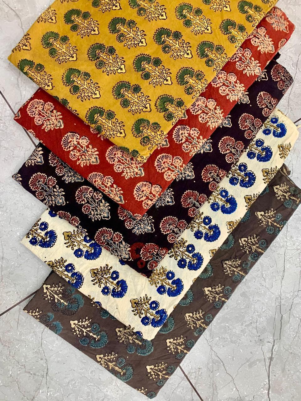 Ajrakh handblock printed pure cotton fabric wholesale in multi natural butta design
